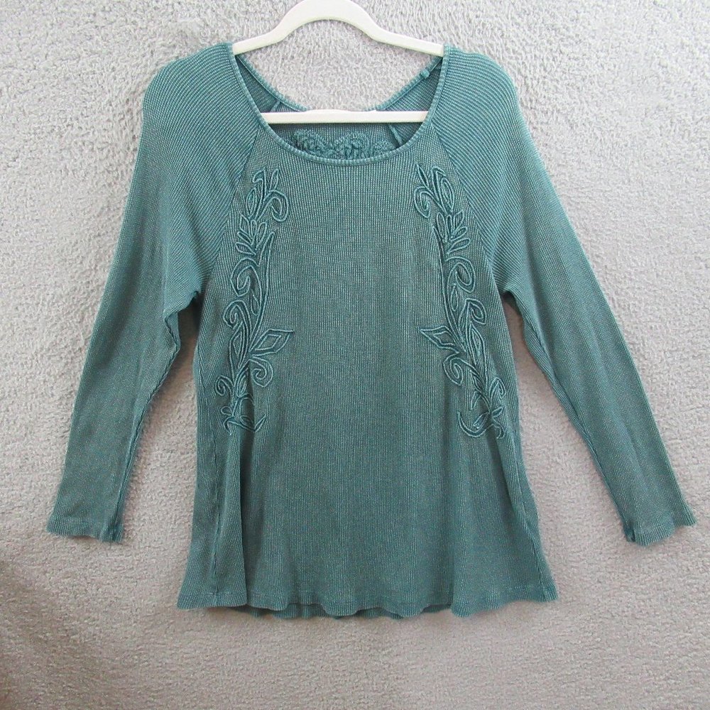 Soft Surroundings Womens Shirt Small Green Thermal Embroidered Long Sleeve Tunic